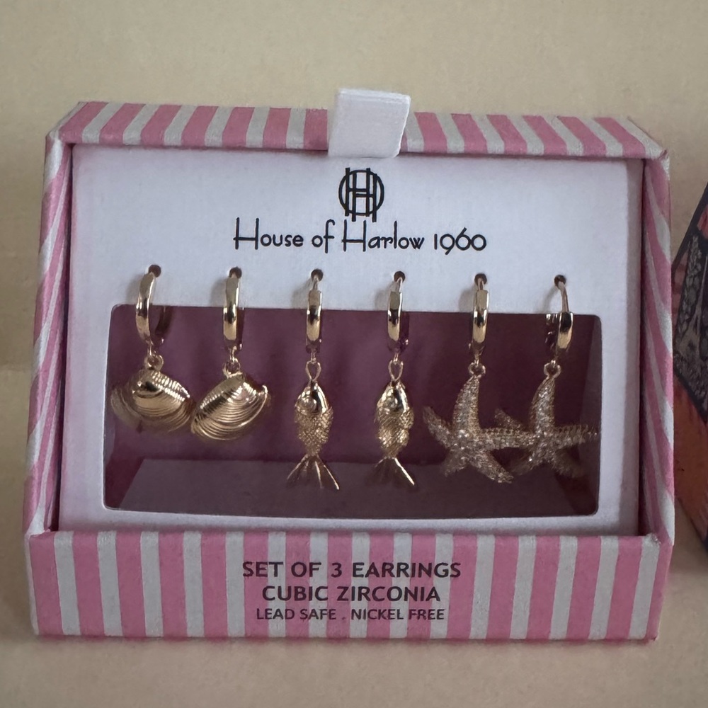 HOUSE OF HARLOW Set of 3 Earrings CZ Gold Tone Huggie Dangle Shell Fish Starfish